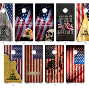 PICK YOUR DESIGN! 2 Waterproof Cornhole Wraps - United States Flag Designs  / Laminated / Easy to Apply / Pair of Cornhole Skins / Gift