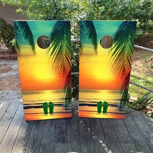 2 WATERPROOF Cornhole Wraps / Pair / Sunset Sandy Flipflops Decals / Laminated / Easy to Apply / Pair of Cornhole Skins / Beachy / Sea Party