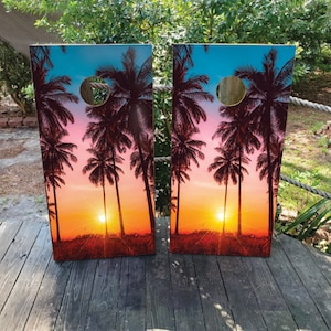 Looking for that Sunset Vinyl Laminated Cornhole Board Wraps | Cornhole Decals | Custom | Birthday | Wedding | Gift | Camping | Party