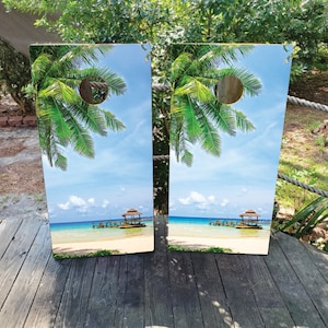 2 WATERPROOF Cornhole Wraps / Pair / Beachy Cabana Decals / Laminated / Easy to Apply / Pair of Cornhole Skins / Beachy / Ocean / Tiki