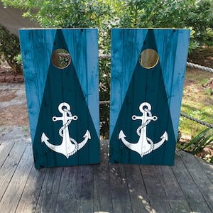 2 WATERPROOF Cornhole Wraps - Blue Nautical Seashell Design / Laminated / Easy to Apply / Pair of Cornhole Skins / Wood Grain / Professional