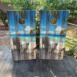 2 WATERPROOF Cornhole Wraps / Pair / Life on the Beach / Decals / Laminated / Easy to Apply / Pair of Cornhole Skins / Beachy / Beach Games