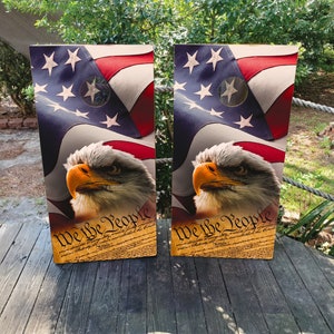 2 WATERPROOF Cornhole Wraps / Pair / EAGLE USA Flag Decals! / Laminated / Easy to Apply / Pair of Cornhole Skins / American Flag / Patriot