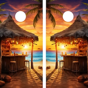 2 WATERPROOF Cornhole Wraps / Pair / TIKI BAR Tropical Paradise / Laminated / Easy to Apply / Pair of Cornhole Skins / Beachy / Party