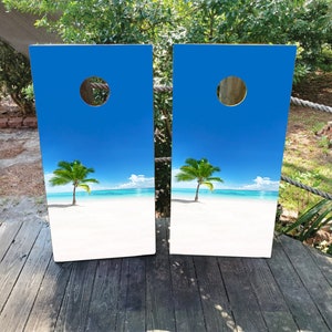 2 WATERPROOF Cornhole Wraps / Pair / PALM TREE White Sand Decals / Laminated / Easy to Apply / Pair of Cornhole Skins / Beachy / Beach Games