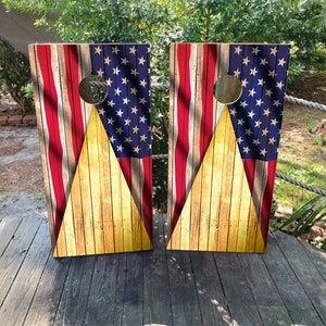 2 WATERPROOF Cornhole Wraps / Pair USA FLAG / Laminated / Easy to Apply / Pair of Cornhole Skins