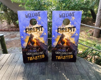 2 WATERPROOF Cornhole Wraps - Welcome to Our Fire Pit - Funny Cornhole Wrap - Laminated / Weatherproof / Easy to Apply /