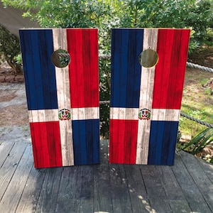 2 WATERPROOF Cornhole Wraps / Pair of DOMINICAN Flag Decals / Laminated / Easy to Apply / Pair of Cornhole Skins