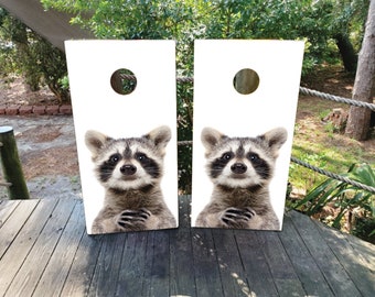 The Curious Racoon Vinyl Laminated Cornhole Board Wraps | Cornhole Decals