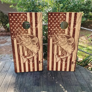 2 WATERPROOF Cornhole Wraps / Wooden USA Flag Fishing Decals / Laminated / Easy to Apply / Pair of Cornhole Skins / Hunting / Sports / Gift