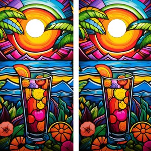 2 WATERPROOF Cornhole Wraps - Tropical Drink - Laminated / Easy to Apply / Pair of Cornhole Skins / Beachy / Classic / Party