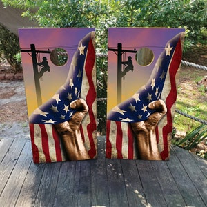 Lineman US Flag Vinyl Laminated Cornhole Board Wraps | American Flag | Cornhole Decals | Custom | Birthday | Wedding | Gift | Camping