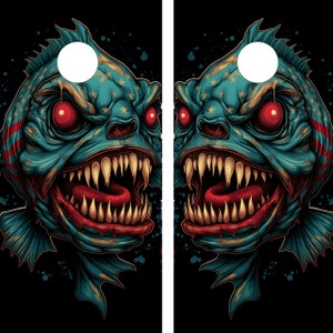 2 Cornhole Wraps IMPERMEÁVEIS - Bandeira Americana Piranha - Laminado / Fácil de Aplicar / Par de Cornhole Skins / EUA / Cornhole Profissional