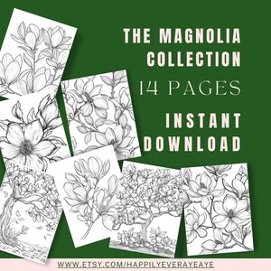 Magnólia, lindas páginas para colorir para adultos para relaxar e inspirar! Eleve sua criatividade com esses downloads instantâneos. Estampas botânicas.