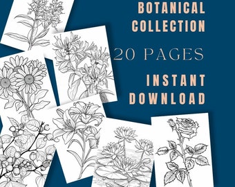 Printable Botanical Coloring Book Pages for Adults, Floral Adult Coloring Pages, Relaxing Coloring Sheets, Instant Download, Nature Coloring