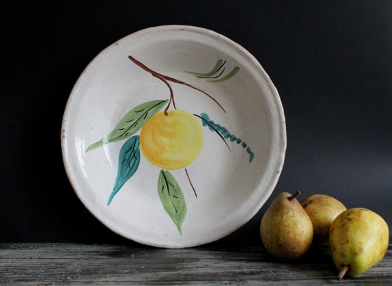 Italian vintage fruit bowl, white glaze with simple hand painted fruit design