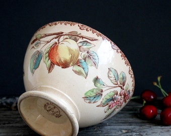 Rare bol antique de café au lait, Français bol à pieds en pierre de fer avec motif de fruits et de fleurs, bol Au Planteur de Caïffa café au lait