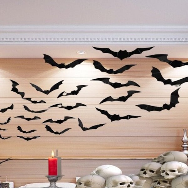 Decent art&craft Spook up Your Space with 88 Pices 4 Sizes 3D Pvc Halloween Set for Scary bats Indoor and Outdoor Fun black