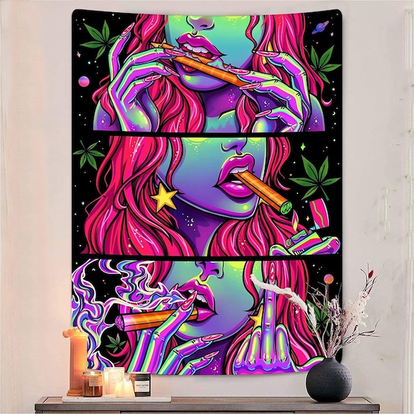 Cute Smoking Girl Blacklight Tapestry UV Reactive Wall Hanging Decor Hippie Art Print Tapestries