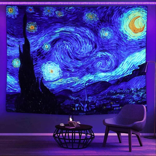 Tapisserie Nuit étoilée par Van Gogh, décoration d'art mural pour chambre à coucher esthétique, affiche abstraite hippie trippy suspendue en tissu réactif UV