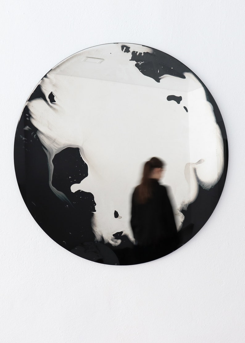 Round mirror Float 80 cm. Handmade silvering, black colour. Minimal wall decoration b_11 image 5