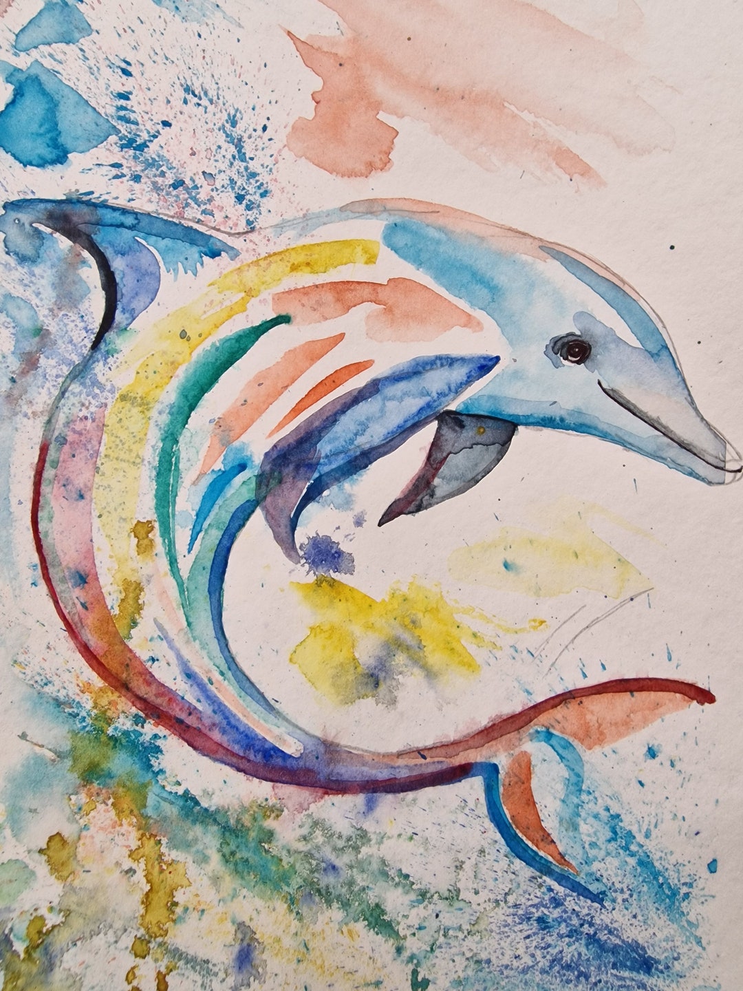 Rainbow Dolphin Dancing Watercolor Original Art by Luke Sky A Splash of