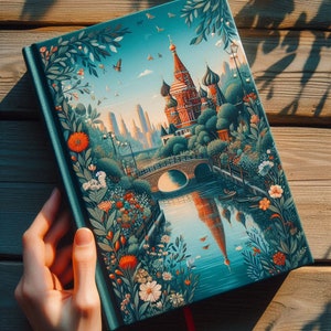 May include: A teal blue journal cover featuring a colourful illustration of a red brick building with a green roof and a bridge over a blue river. The illustration is surrounded by green foliage and flowers.