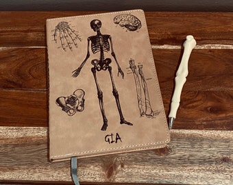 Personalized Light Brown Tan Leather Journal With Lined Paper Bone Pen Anatomy Body Parts Medical Forensic Anthropology