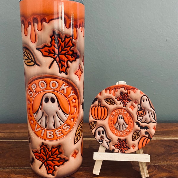 Halloween 3D Puff Like Spooky Vibes Ghost Fall  Pumpkin Tumbler