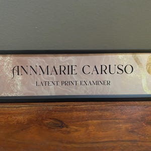 May include: A desk nameplate with the name "ANNMARIE CARUSO" and the title "LATENT PRINT EXAMINER" in black text. The background is a light pink with gold accents and fingerprint designs. The nameplate has a black frame.