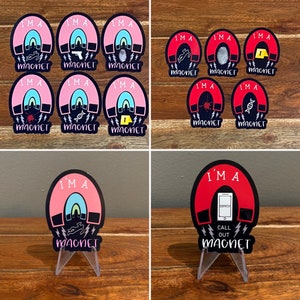 May include: A set of 10 colorful magnets featuring a horseshoe magnet design with various crime scene related graphics. The magnets have the text "I'm a Magnet" printed on them.
