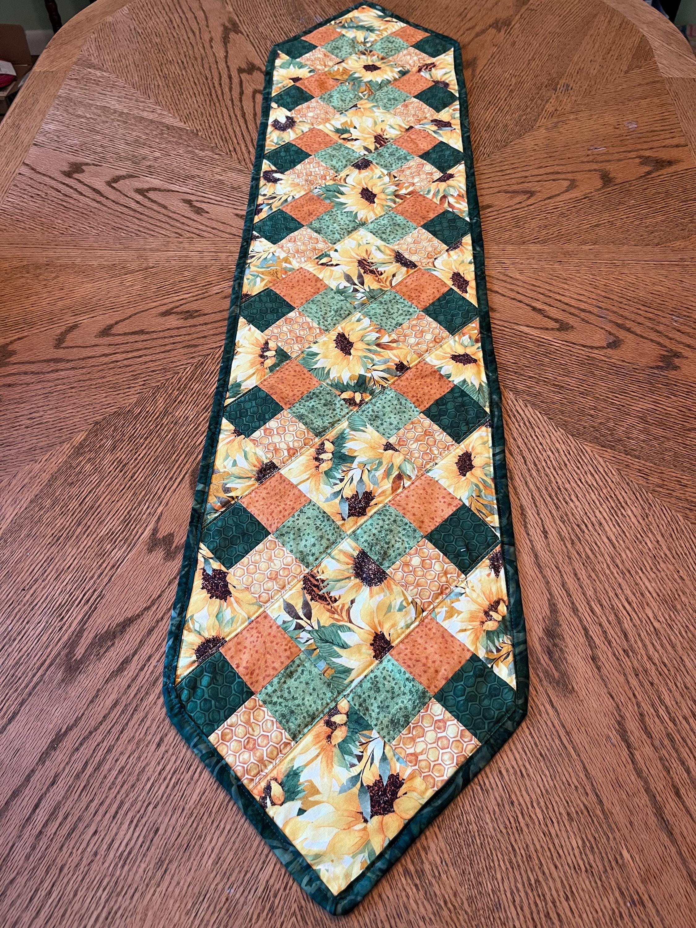 Quilted table runner, sunflower summer theme, yellow and green scrap quilt table runner 51”x12”
