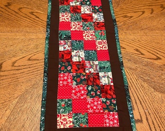 Table runner, Christmas table runner, Red, white, green and brown runner, scrap quilted table topper, holiday decoration. 12”x37”