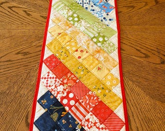 Quilted table runner, colorful table runner, changing color quilted table topper, rainbow scrap quilt table runner 11”x34”