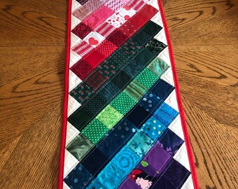 Quilted table runner, colorful table runner, changing color quilted table topper, Valentine scrap quilt table runner 12”x38”