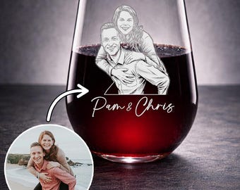 Custom Couples Photo Wine Glass - Personalized Valentines Day Gift Wedding Anniversary Portrait Gift