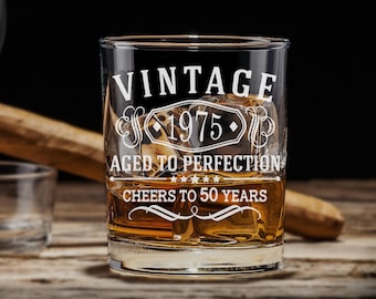 Personalized Whiskey Glass for Those Who Aged to Perfection 1975, Laser Engraved Custom Design, Custom Gift for Your Loved One, Cheers to 50