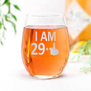29 + 1 30th Birthday Middle Finger Graphic Stemless Wine Glass - Funny Birthday Gift For Friends