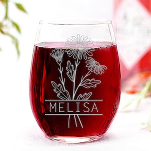 Birth Flower With Personalized Name Wine Glass, Mothers Day Gift, Custom Birth Month, Stemless Wine Glass, Wedding Gift, Aunt Gift, Mom Gift