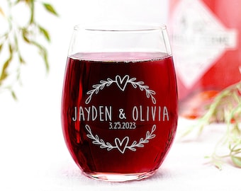 Verre de mariage personnalisé, nom personnalisé pour date de mariage, verre à vin sans pied, cadeaux pour couple, cadeau pour couple gravé au laser, 15 oz