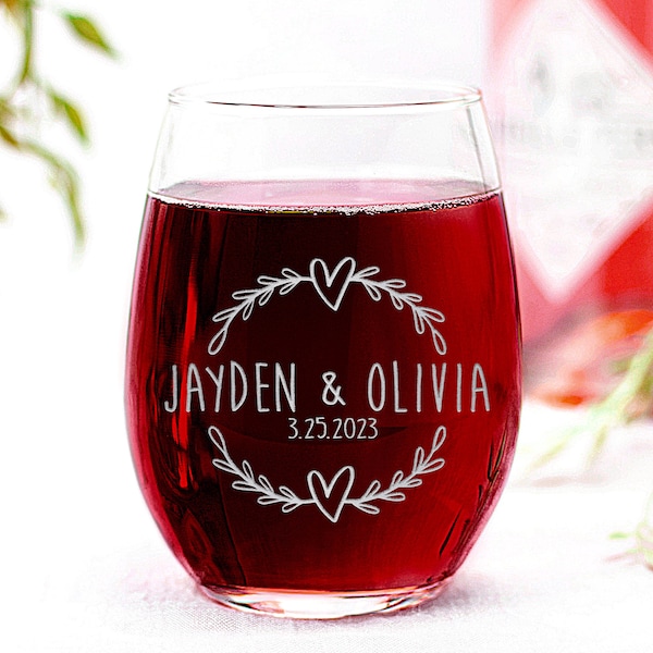 Personalized Wedding Glass, Custom Name Wedding Date Glass, Stemless Wine Glass, Gifts for Couple, Laser Engraved Etched Couples Gift 15 Oz