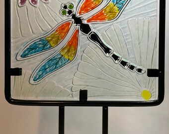 Dragonfly Art Glass with Black Metal Stand