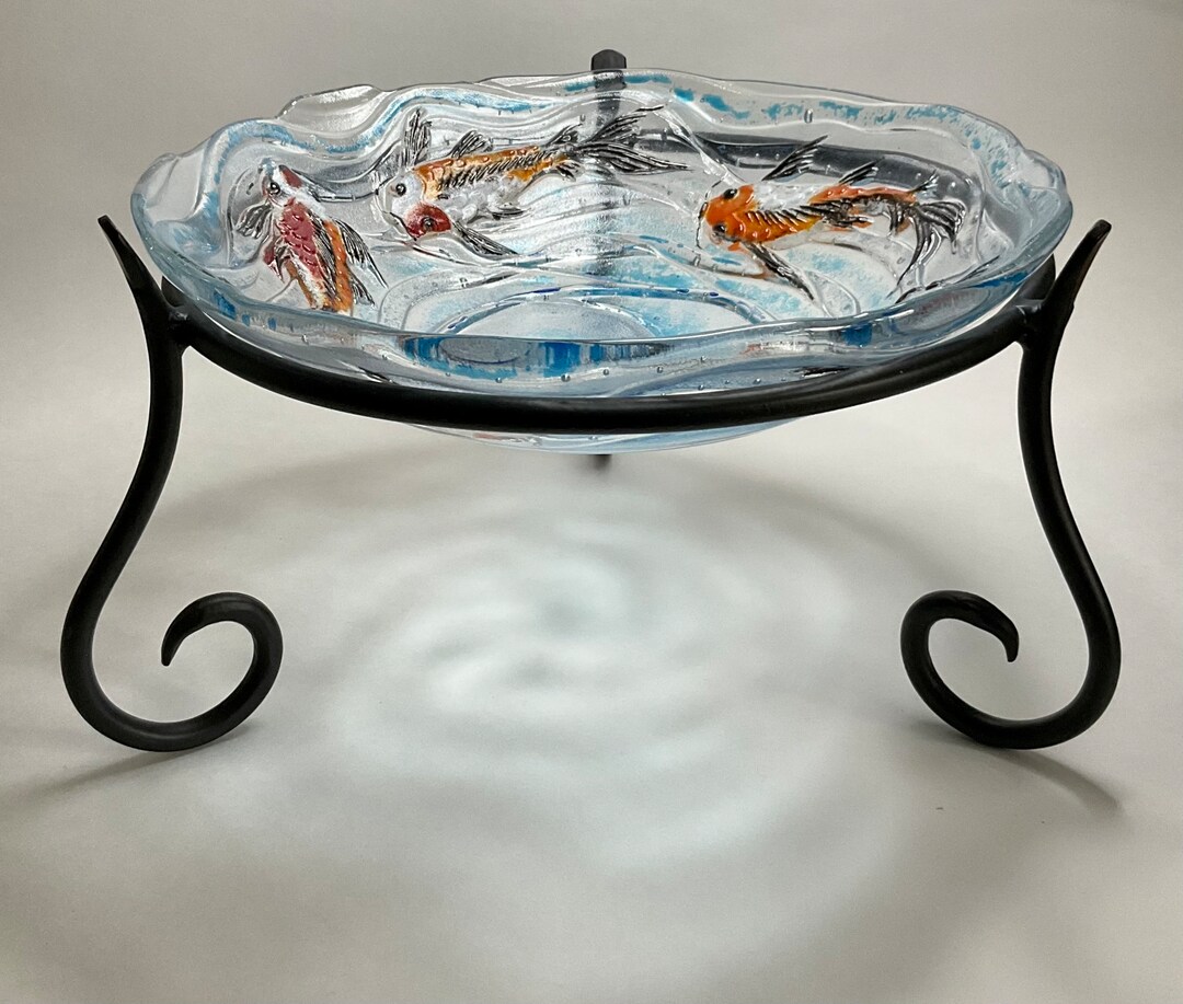 Fused Art Glass Garden Birdbath With Koi Fish Pond Bowl and Etsy