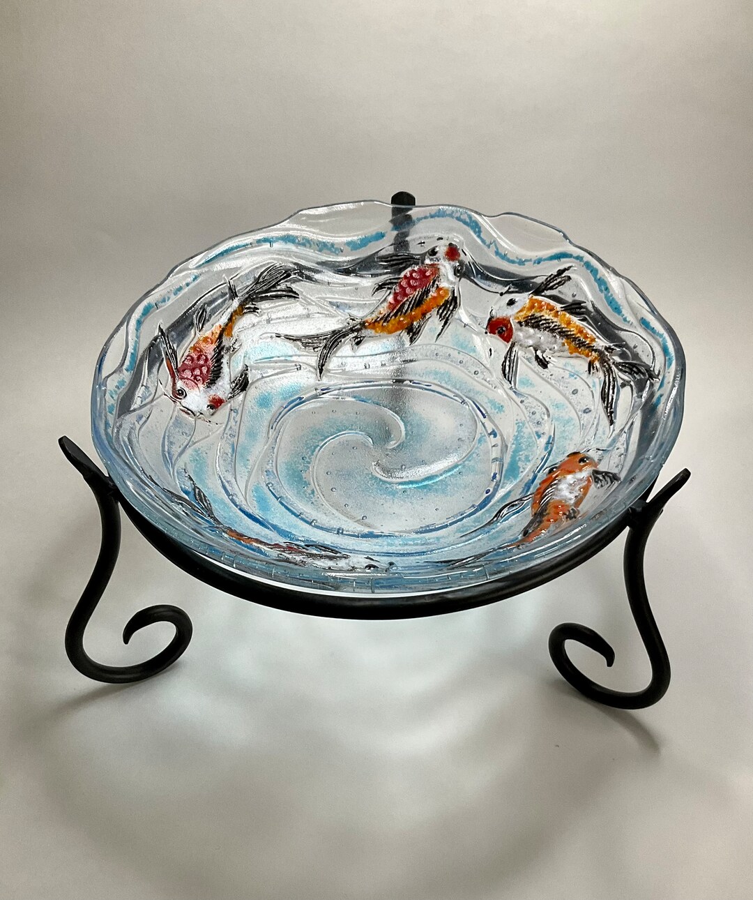 Fused Art Glass Garden Birdbath With Koi Fish Pond Bowl and Stand Etsy