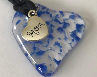 Fused Art Glass Heart Necklace with “MOM” charm