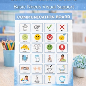 May include: A communication board with visual aids for basic needs. The board includes icons for "Yes," "No," emotions, and daily activities like "Eat," "Drink," and "Bathroom." The text "Printable Autism Communication Board" is at the top.