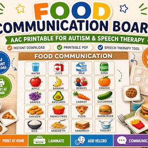 May include: A colorful "Food Communication Board" with the text "AAC Printable for Autism & Speech Therapy." The board features illustrated food items like water, apple, banana, and pizza. Includes "Instant Download" and "Printable PDF" options.