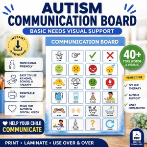May include: A communication board for autism, featuring the text "Autism Communication Board" and "Basic Needs Visual Support." It displays icons and words for core needs and emotions, suitable for speech therapy and daily communication.
