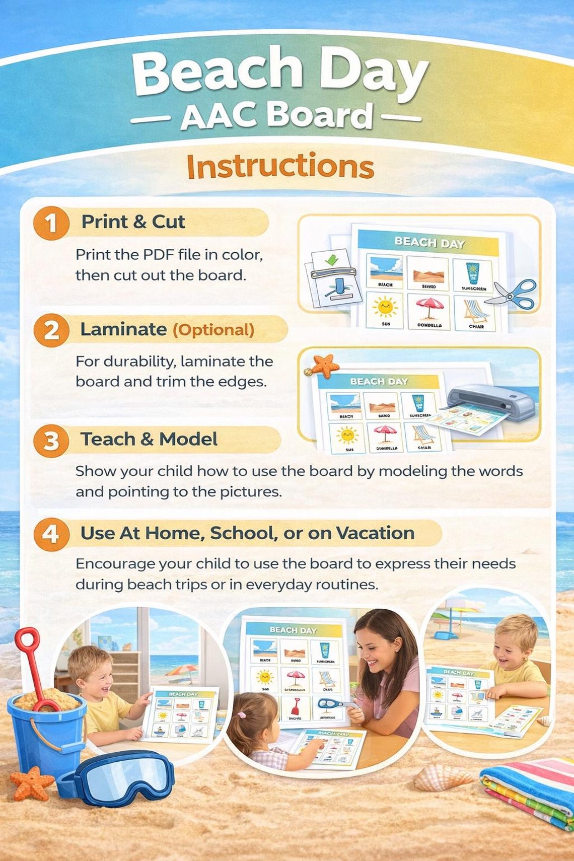 Beach Day AAC Communication Board, Autism Visual Support, Speech ...