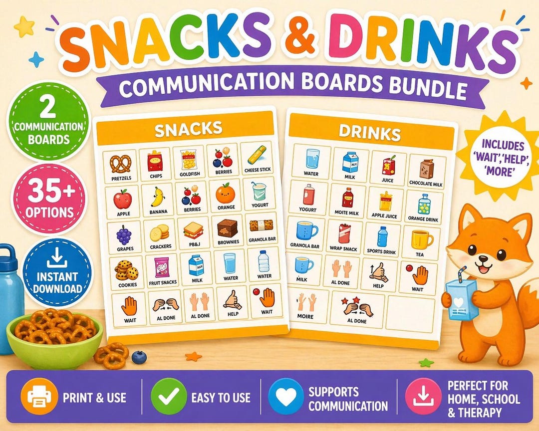 Kids Snack Drink Communication Boards | AAC Visuals for Autism, Speech ...